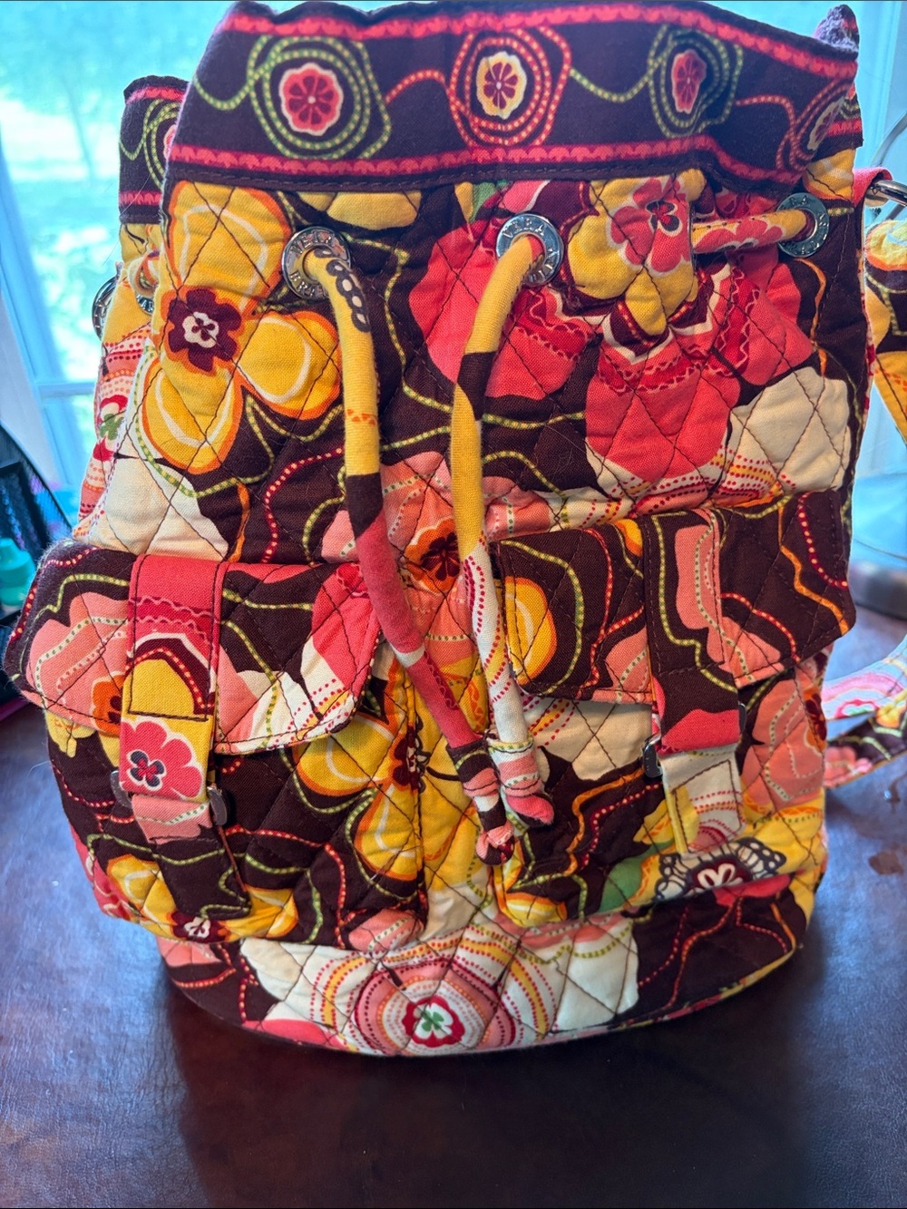 Vera Bradley Quilted Floral Drawstring Purse in Pink, Yellow, Brown